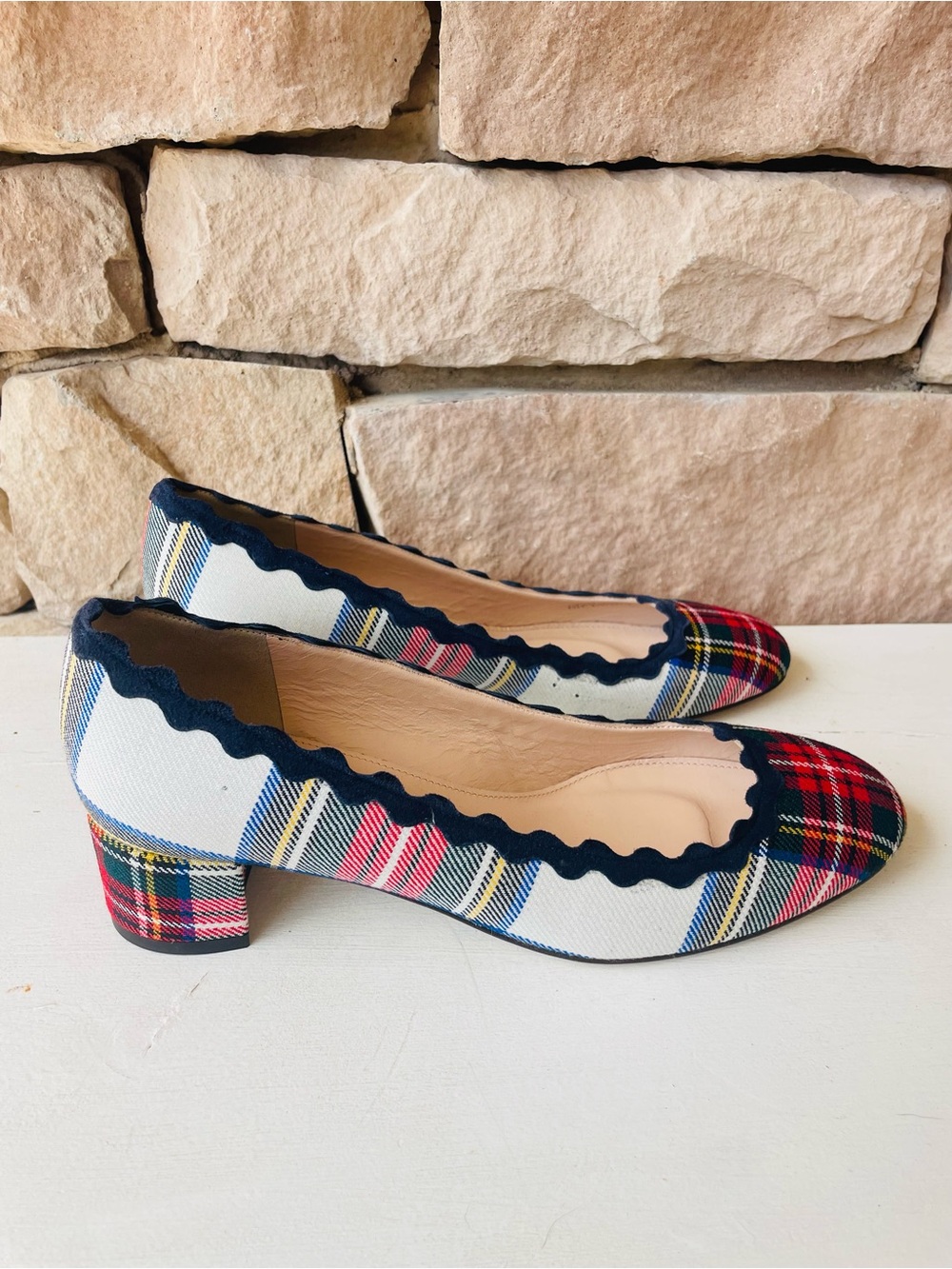 J. Crew Blue Tartan Plaid Scalloped Low Block Heel Pumps RARE